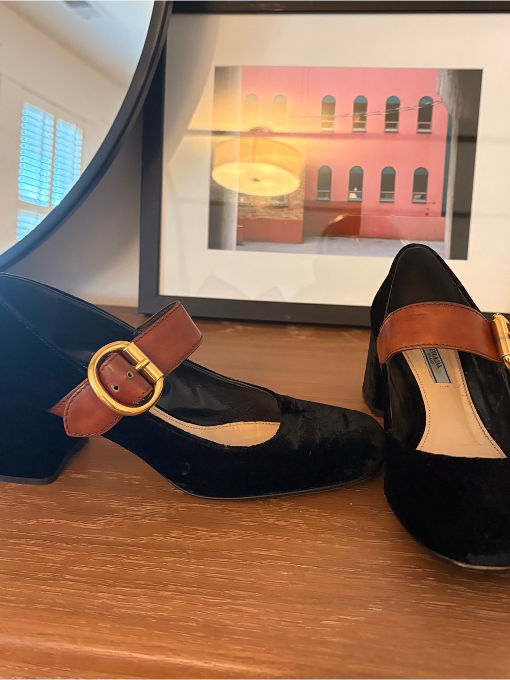 Prada Black Suede Mary Jane Block Heels